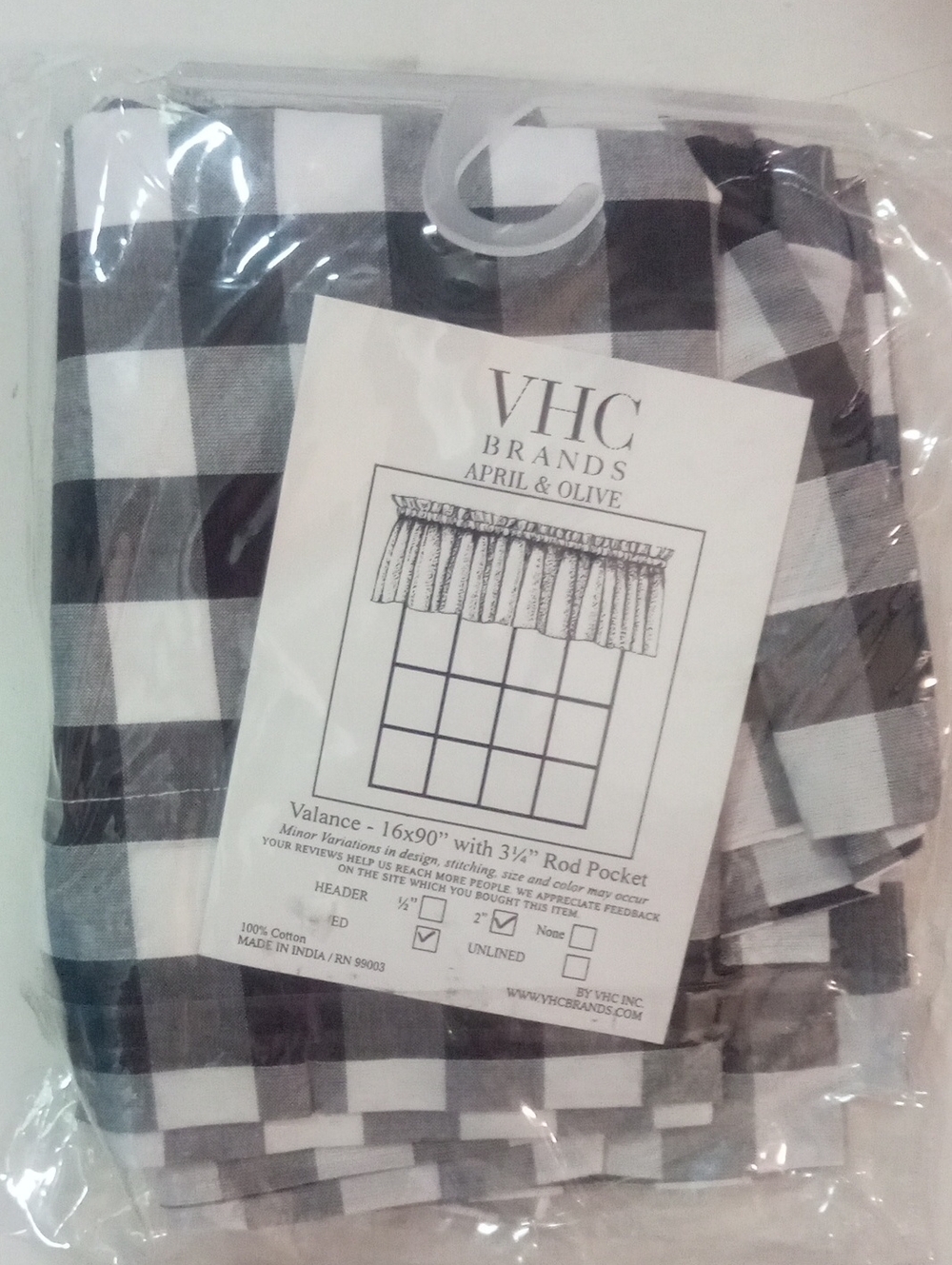 VHC Brands April & Olive Buffalo Check Valance NWT $35:Black & White